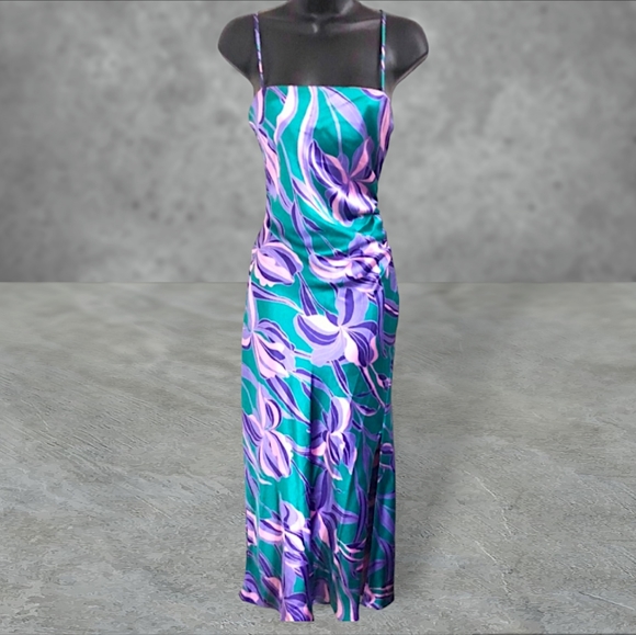 House of Harlow 1960 Satin Teal Lilac Floral Slip Dress Revolve